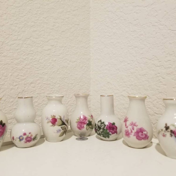 Set of 7 Porcelain Pink and White Miniature Vases, 2" tall Minivase