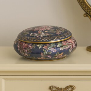 Vintage Andrea by Sadek Blue Covered Trinket Dish, Chinoiserie Floral Lidded Porcelain Bowl, Hand-Painted Grandmillennial Ceramic 7 inches