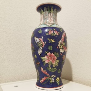 Vintage Hand painted 12&quot; tall Indigo Vase, Raised Design, Blue Pink Floral Vase, Butterflies Flower Vase, Made in Hongkong