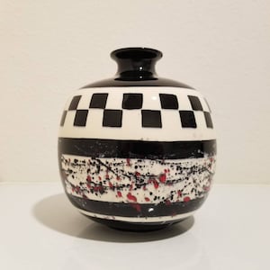 Checker Pattern Round Black Vase, Geometric Design Bud Vase, White Black Spherical Vase, 7 inches Centerpiece Made in USA