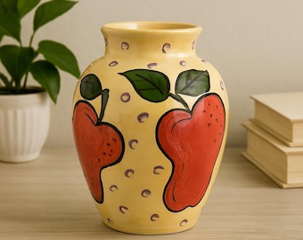 Vase jaune vintage, vase à motif de fruits orange fait main, vase aux fruits peint à la main, collection de vases jaunes en poterie, cadeau pour elle
