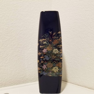 Square Indigo Vase, Japan hand painted vase, gold rim Vase, Oriental blue porcelain floral vase 9.5" tall, home decor vase, Glossy Blue Vase