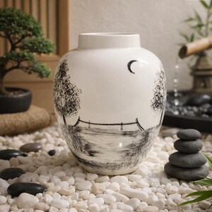 May include: A white ceramic vase with a rounded body and a short neck, featuring a black ink-style illustration of a landscape with two trees, a fence, and a crescent moon. The vase has a smooth, glossy finish and a wide opening at the top.