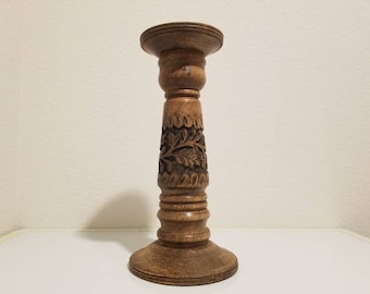 Carved Wood Candle Holder 10.6" tall, 10. 6" tall Pillar Wood Candlestick Holder, Wood Pedestal Candlestand, Handcraft Mortar Candlestand