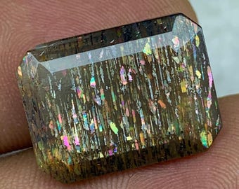 11,15 ct Meteor Shower Lattice Sunstone, Multi-Fires Black Sunstone, Rainbow Lattice Sunstone, Criss-Cross Sunstone 17,6*13,2*6,4 mm LS-0017