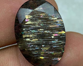 13,95 ct Meteor Shower Lattice Sunstone, Multi-Fires Black Sunstone, Rainbow Lattice Sunstone, Criss-Cross Sunstone 22*15,8*6,6 mm LS-0023
