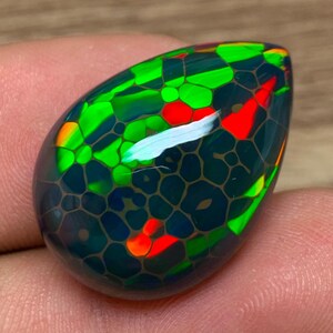 Puede incluir: Una piedra preciosa de ópalo negro en forma de lágrima con un patrón vibrante de colores verdes, rojos y naranjas. La superficie tiene un diseño único, similar a una célula. La piedra preciosa se sostiene entre los dedos, mostrando su superficie pulida y reflectante.