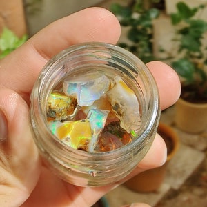 100% Natural Ethiopian Welo Opal Raw Specimen Crystals in Jar | Oiled Fire Welo Opal Rough in Bottle | 5A Quality Opal Chips Gift Bottle