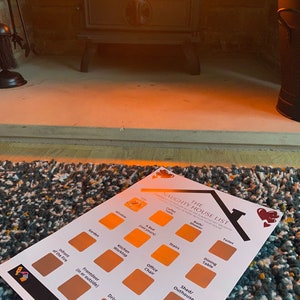 May include: A printed "Naughty House List" sits on a colorful rug in front of a fireplace. The list features various locations like the kitchen, stairs, and front door, with scratch-off areas. A cozy scene with a burning fire.