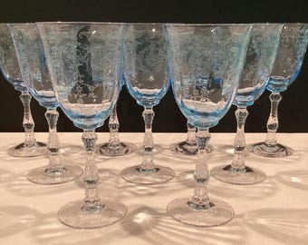 Fostoria Navarre Blue Etched Luxe Stemmed Water Glasses - Sets of Four and Five Glasses