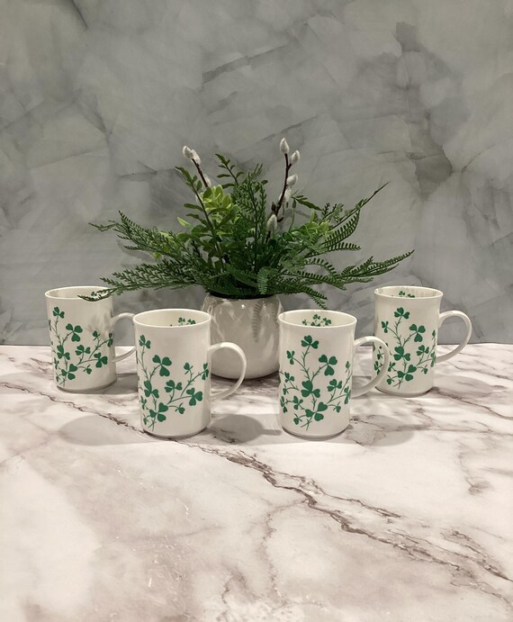 Vintage St. George England Bone China Green Shamrock Coffee Mugs, Set of Four Mugs