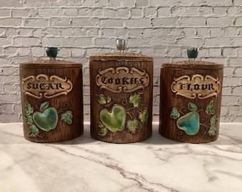 Vintage 1970 Sears Floral Needlepoint Design Canister Ceramic