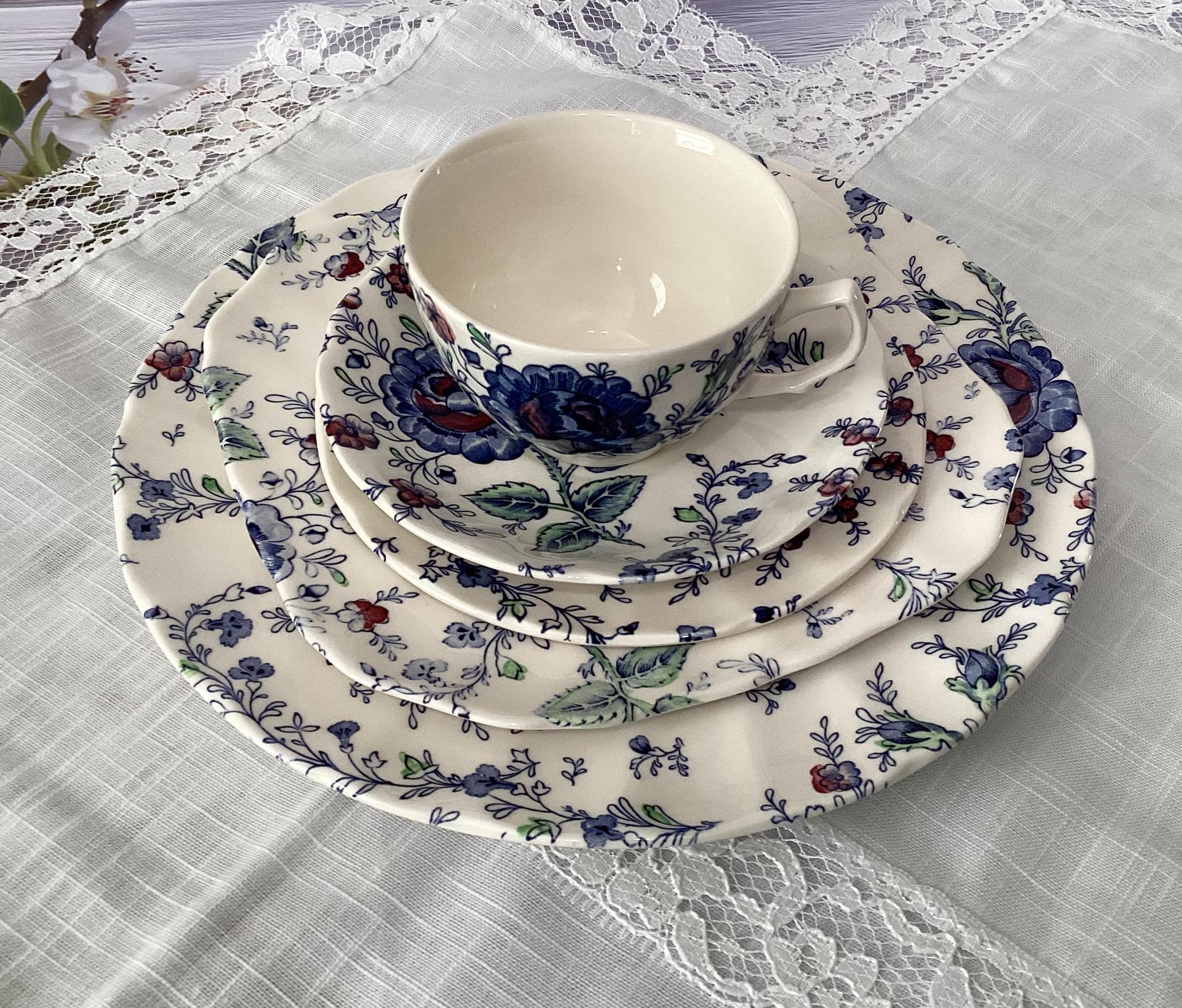 Vintage Johnson Brothers Blue Rose Chintz China Place Setting
