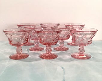 Vintage Pink Depression Glass Etched Leaves Champagne/wine Stemmed 