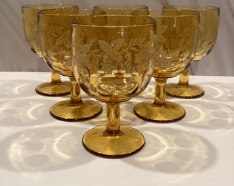 Vintage Bartlett Collins Amber Grapevine Thumbprint Water Glasses - Set of Six
