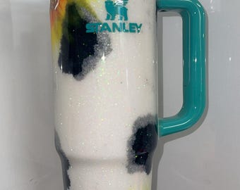 Ready to Ship. 30oz Stanley . Black/silver cow print with sunflowers.