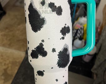 Custom 40oz  Stanley glittered cow print with choice of color  handle and logo