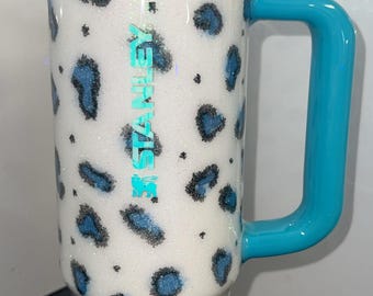 Custom 20, 30, or 40oz  Stanley ProTour glittered cheetah/leopard. Your choice of color handle, logo, and cheetah