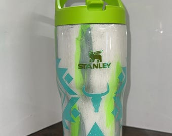 Ready to ship.  20oz Stanley water bottle. Lime green/turquoise Aztec design