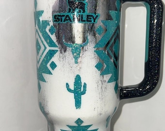Black & turquoise western design.  Cactus and skulls Custom your choice of 20oz, 30oz, or 40oz Stanley