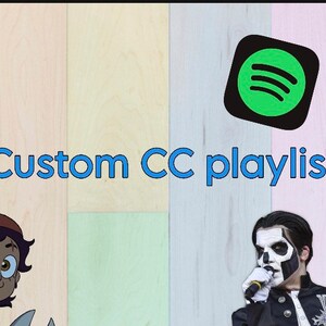 Peut inclure: Une illustration numérique d'un personnage de dessin animé à la peau brune et un chapeau brun avec une épingle de fierté bisexuelle. Le personnage sourit et tient une paire de ciseaux. Le texte "Custom CC playlist" est en lettres bleues. Le logo Spotify est dans le coin supérieur droit de l'image. L'arrière-plan est un grain de bois clair.