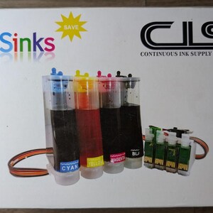 May include: A white box with the text "CISinks" and "SAVE" in yellow. Inside are clear ink reservoirs filled with cyan, yellow, magenta, and black ink. The box also contains a continuous ink supply system.