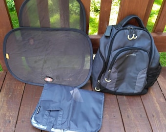 Columbia Summit Rush Backpack Diaper Bag Grey w/Changing Pad & Car Window Shades