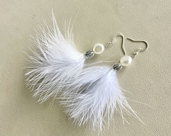 Lightweight white earrings made of bird feather and artificial pearls for a gift for a woman or girl Handmade Dangling earrings Fashion