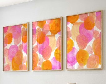 Whimsical Pink and Orange Art Set - Perfect for Little Girls Room - Vibrant Circle Art in Pink and Orange - Set of 3 Posters for Wall Decor