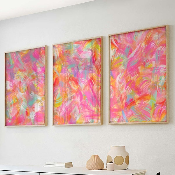 Bright Pink and Orange Abstract Wall Prints, Art Prints For Girl Apartments, Art Prints For Girl Nursery, Colorful Prints For Girls Set of 3
