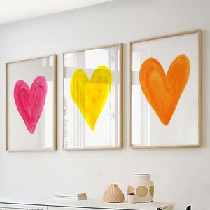 Pink Orange Yellow Heart Prints for Nursery - Set of 3 Bright Heart Prints - Girls Room Decor - Heart Prints in Pink, Orange, Yellow