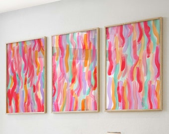 Bright Watercolor Prints, Colorful Wall Art Printable Download, Bright Prints, Set of 3 Prints, Orange and Pink Wall Prints