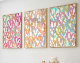Colorful Heart Art Set for Girls Bedroom - Set of 3 Prints - Heart Art Bundle - Set of 3 Colorful Digital Prints - Bright Heart Trio