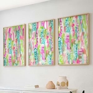 Vibrant Green Blue Pink Room Art - Trio of Colorful Watercolor Prints for Girls Bedroom - Set of 3 Green Blue Pink Art for Girls Room Decor