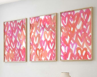Girly Heart Prints, Bright Heart Wall Prints, Set of 3 Orange and Pink Bright Hearts, Orange and Pink Bright Digital Wall Prints, Bright Art