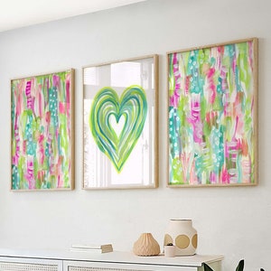 Girly Room Decor - 3 Watercolor Prints in Pink and Green, Colorful Art Set - Bright Green Heart Watercolor Prints Trio - Pink and Green Art