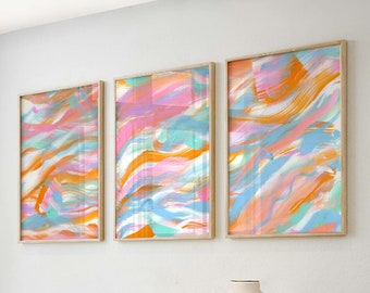 Vibrant Pink Orange Blue Digital Prints Collection - Set of 3 Posters - Colorful Pink Orange Blue Art Prints - Bright Wall Decor Trio