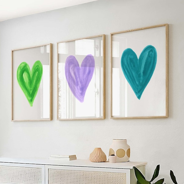Green Purple Teal Heart Prints for Nursery, Set of 3 Heart Prints, Heart Prints for Girls Room or Dorm, Bright Heart Prints