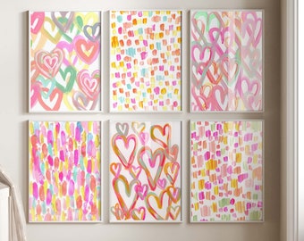 Bright Gallery Orange and Pink Prints, Gallery Heart Pink Orange and Yellow Prints, 6 Watercolor Prints, Trendy Girly Pink Orange Prints