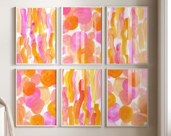 Vibrant Set of 6 Watercolor Orange and Pink Prints - Bright & Colorful Wall Art - Trendy Girly Pink Orange Prints - Whimsical Abstract Art