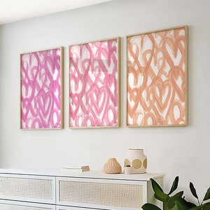Pink and Orange Wall Art Set Of 3 Prints - Pink and Orange Abstract Poster Set for Girls Room - Set of 3 Pink Orange Prints - Heart Wall Art