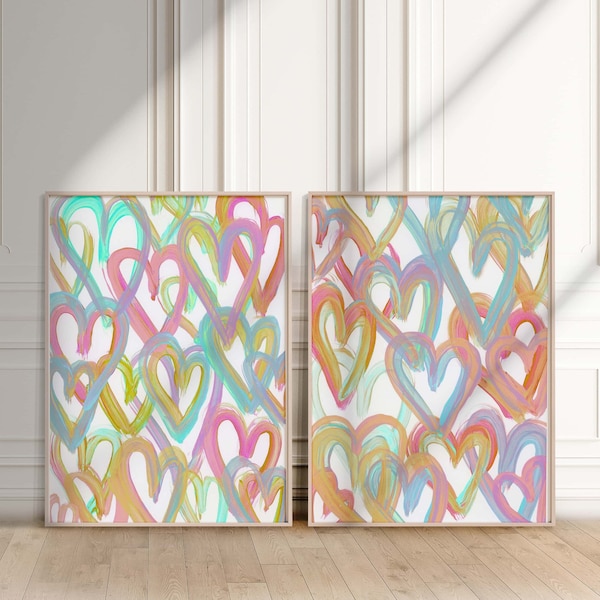 Nursery Heart Prints, Pastel Heart Prints, Heart Art, Hearts, Wall Art, Nursery Wall Art, Bright Wall Art, Digital Art 2 Pieces