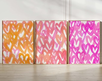 Girly Heart Prints, Bright Heart Prints, Set of 3 Orange and Pink Bright Hearts, Orange and Pink Bright Digital Wall Prints, Heart Prints