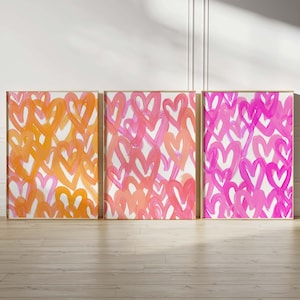 Girly Heart Prints, Bright Heart Prints, Set of 3 Orange and Pink Bright Hearts, Orange and Pink Bright Digital Wall Prints, Heart Prints