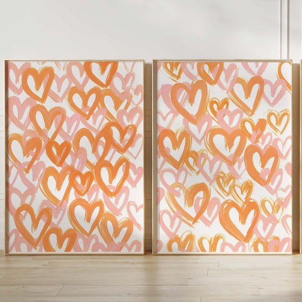 Pink and Orange Heart Prints, Pink and Orange Girly Colorful Wall Prints, Pink and Orange Girl Room Art Prints, Orange Heart Prints