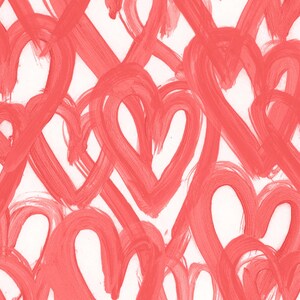May include: A seamless pattern of coral pink hearts painted on a white background. The hearts are overlapping and layered, creating a dynamic and abstract design.