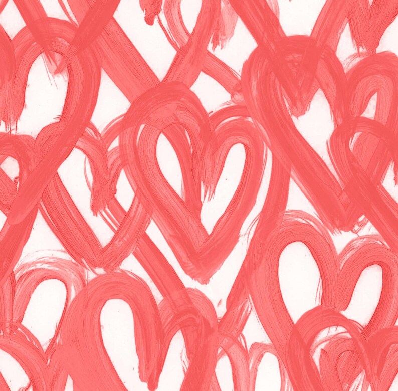 May include: A seamless pattern of coral pink hearts painted on a white background. The hearts are overlapping and layered, creating a dynamic and abstract design.