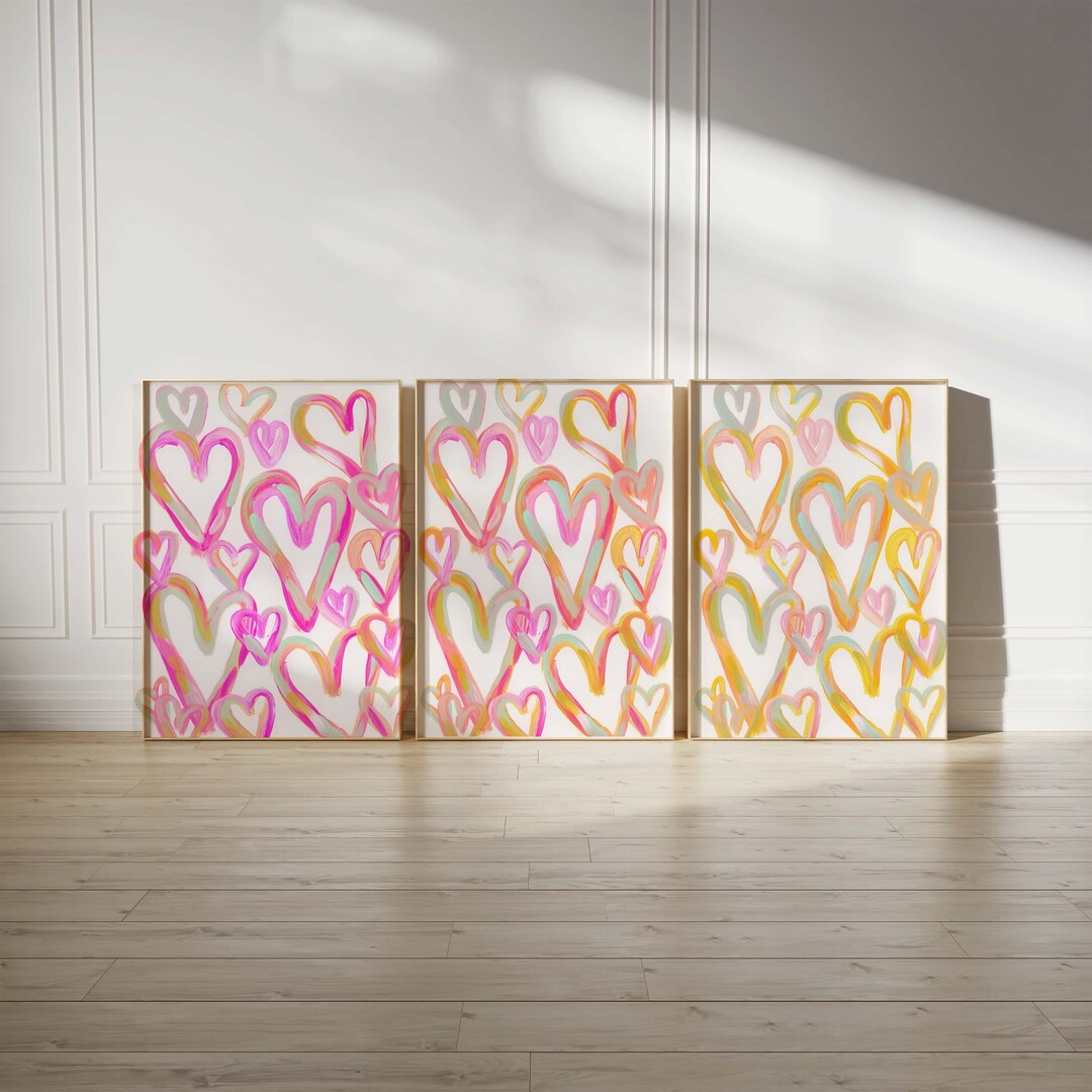 Pink Orange Yellow Heart Prints for Nursery, Set of 3 Heart Prints ...