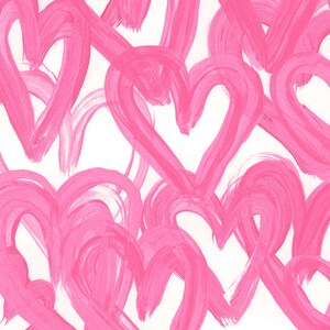 May include: A seamless pattern of pink painted hearts on a white background. The hearts are overlapping and layered, creating a dynamic and playful design.