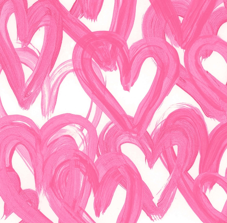 May include: A seamless pattern of pink painted hearts on a white background. The hearts are overlapping and layered, creating a dynamic and playful design.